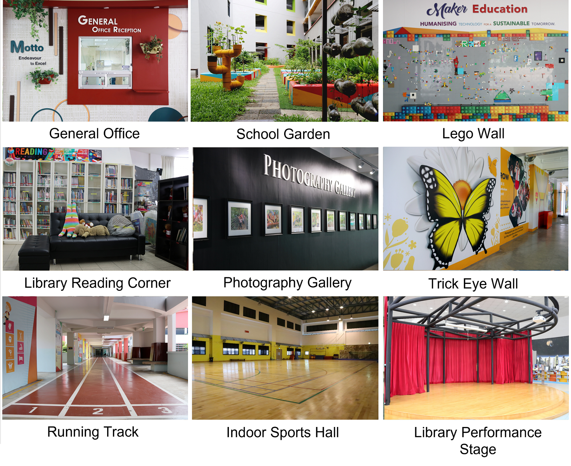 Collage of school facilities: general office, garden, Lego wall, reading corner, photo gallery, mural, track, sports hall, stage